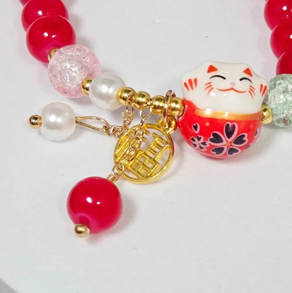 Lucky Waving Cat Red Beaded Bracelet 🐱 Chinese New Year Kawaii Charm Gift